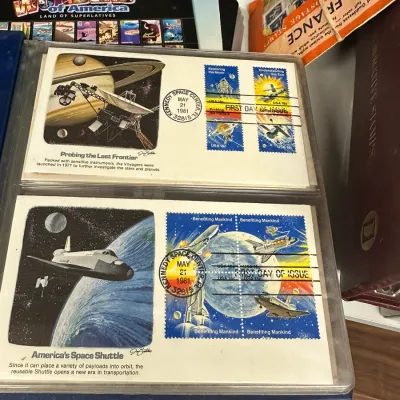 Sale Photo Thumbnail #92: Collection of space-themed first day covers from May 21, 1981, featuring Voyager and Space Shuttle illustrations and commemorative US postage stamps.