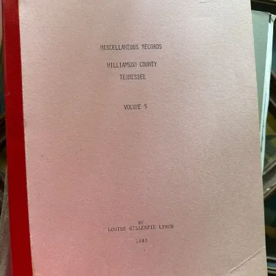 Sale Photo Thumbnail #441: Softcover genealogical reference book titled 'Miscellaneous Records Williamson County Tennessee, Volume 5' by Louise Gillespie Lynch, published in 1983.