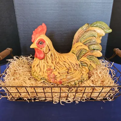 Vintage Italian Ceramic Rooster Figurine In Metal Hand Basket 