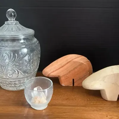 Boho Decor - Southwestern Stone Bears, Pressed Glass Jar, Quartz Crystal