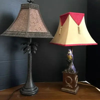 2 Tropical Accent Table Lamps - Woven Palm Tree, Colorful Parrot, Coastal