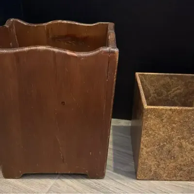 2 Wastebaskets - Scalloped Wood & Heavy Stone Tile