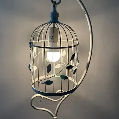 Shabby Chic Distressed White Birdcage Floor Lamp - Crystal Accent, Boho