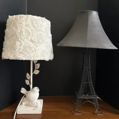 2 CUTE Accent Table Lamps - Shabby Chic White Bird Rose Shade + Eiffel Tower Faux Leather