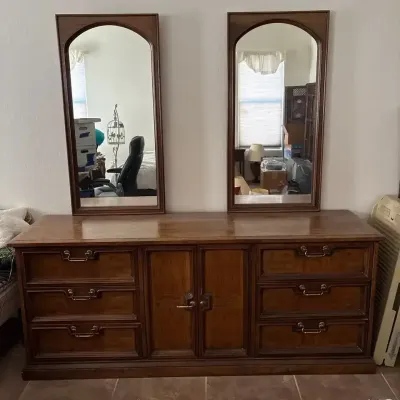 Vintage MCM Wood 9-Drawer Triple Dresser w/ Dual Mirrors - Classic Lines, Bronze Hardware