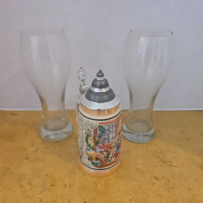 Cheers! - Vintage Lidded Stoneware Beer Stein & 2 Pilsner Tall Beer Glasses