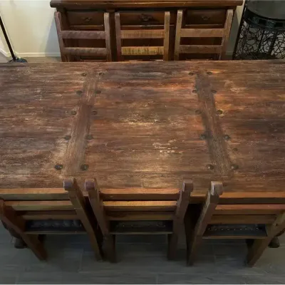 Reclaimed Mexican Monastery Door Dining Set - Solid Wood Table w/ Iron Clavos, 8 Chairs, Rustic