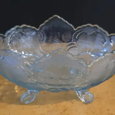 Vintage Jeannette Glass Lombardi Ice Blue Footed Oval Fruit Bowl W/ Scalloped Rim