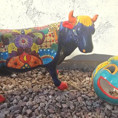 Vibrant Mexican Talavera Style Hand Painted Ceramic Bull And Jack-O-Lantern Figurines