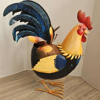 Handcrafted Colorful Metal Rooster Sculpture Indoor Outdoor 