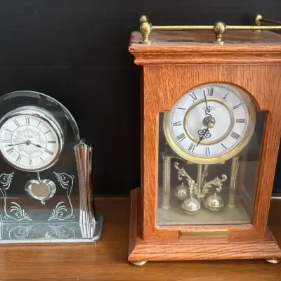 2 Mantel Clocks - D&A Wood Clock & Danbury Glass Clock