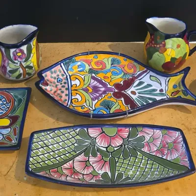 Hand-Painted Mexican Talavera Pottery -  Fish-Shaped Serving Plate, Small Pitchers, Dishes, Moracca
