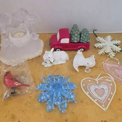 Christmas Decor - Angel Candle Holder, Snowflake Ornaments, Red Truck, Cardinal, Doves