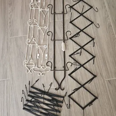Hanging Wall Racks - 2 Distressed White Plate Racks, Dark Brown Plate Rack, 2 Black Accordian Racks