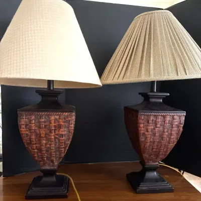 2 Accent Table Lamps - Matching Woven-Look Basketweave Bases, Different Shades