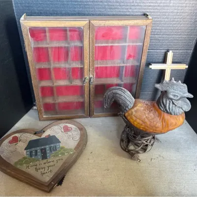 Country Decor - Glass Display Case, Rooster Slag Glass Lamp, Heart Sign, Cross