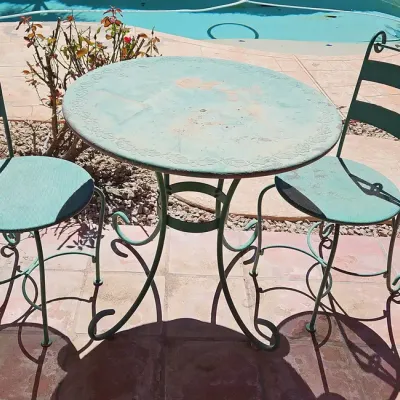 Vintage Green Metal Patio Furniture Bistro Set - 2 Chairs & Round Table 
