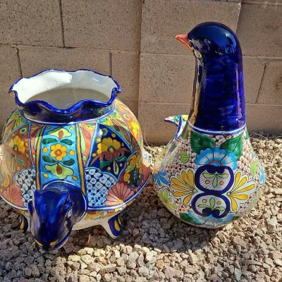Two VIbrant Hand Painted Mexican Talavera Planters - Turtle Tortoise & Dove Bird