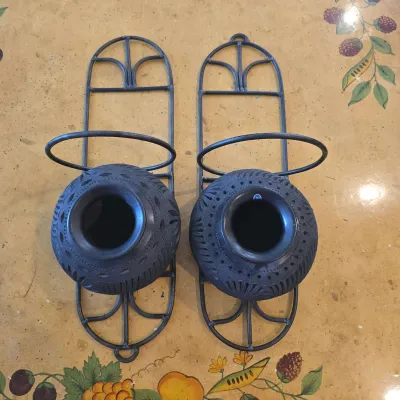 2 Handcrafted Oaxaca Mexico Black Clay Pots W/ Metail Wall Hangers
