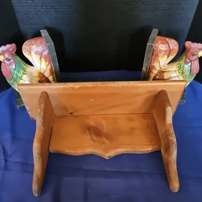 Hand Carved Rooster Bookends And Wooden Handmade Shelf