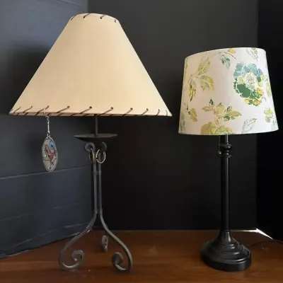 2 Accent Table Lamps - Black Rustic Wrought Iron & Botanical Shade