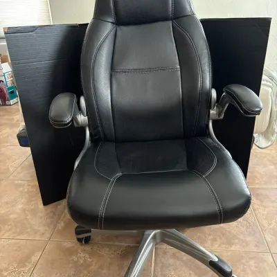 Ergonomic Leather Desk Chair - Flip-Up Arms, Adjustable, Office