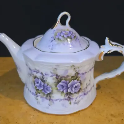 Vintage Decorative Porcelain Musical Teapot -  Purple Roses W/ Ornate Gold Trim, Plays Fur Elise 
