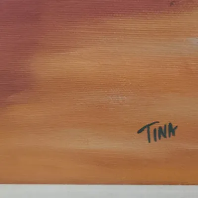 Sale Photo Thumbnail #190: Close-up detail of an original painting on canvas, featuring the artist's signature "Tina" in the lower right corner.