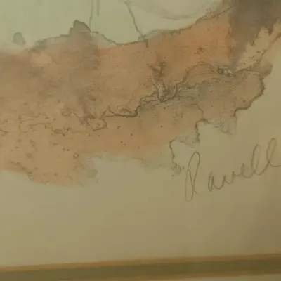 Sale Photo Thumbnail #317: Close-up detail of a signature on a framed abstract watercolor painting by artist Ravelle.