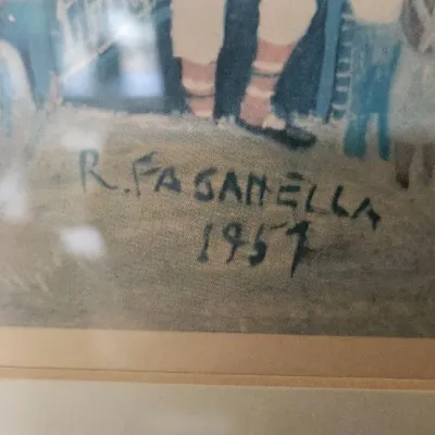 Sale Photo Thumbnail #278: Framed folk art print depicting a gathering, signed by Ralph Fasanella and dated 1957.