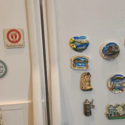 Sale Photo Thumbnail #229: Collection of souvenir travel magnets and school decals displayed on a white Jenn-Air refrigerator door.