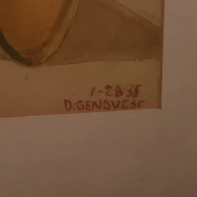 Sale Photo Thumbnail #185: Close-up of an artist signature reading "D. Genovese" and dated "1-28-38" on a framed watercolor painting.