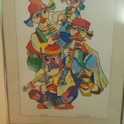 Sale Photo Thumbnail #313: Framed limited edition art print depicting four stylized folk musicians, pencil signed and numbered 162/175 along the bottom margin.