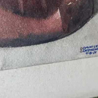 Sale Photo Thumbnail #208: Detail view of an original artwork on textured paper, featuring artist signature Dominik Genovese dated April 8, 1975.