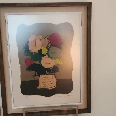Sale Photo Thumbnail #78: Framed mid-century abstract floral print, pencil signed and numbered 1/8, in a rustic wooden frame with a fabric mat.