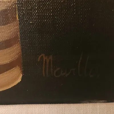 Sale Photo Thumbnail #6: Close-up of an artist signature, "Murillo," on a framed oil painting on textured canvas.