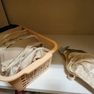 Sale Photo Thumbnail #54: Collection of women's bras organized in a plastic storage basket alongside a single beige floral patterned bra on a shelf.