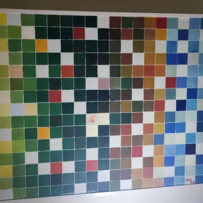 Sale Photo Thumbnail #41: Contemporary framed abstract grid painting featuring colorful mosaic-style squares, signed and dated in the lower right corner.