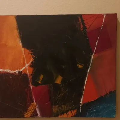 Sale Photo Thumbnail #133: Framed abstract expressionist oil painting featuring bold geometric shapes in orange, black, red, and teal tones.