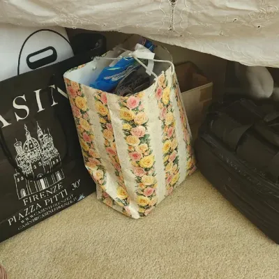 Sale Photo Thumbnail #297: Assortment of retail shopping bags, including a large black Casini Firenze bag, floral tote, and a black canvas camera or duffle bag stored on the floor.