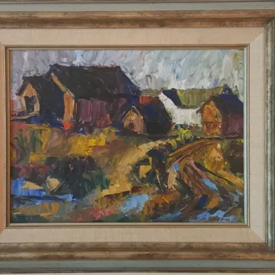 Sale Photo Thumbnail #35: Framed impressionist oil painting depicting a rural landscape with farm buildings, signed Griffin in the lower right corner, set in a painted wooden frame with a fabric liner.