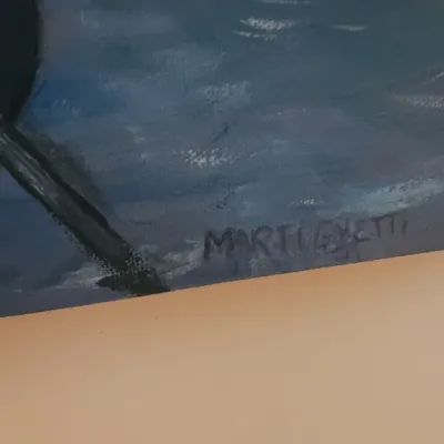 Sale Photo Thumbnail #199: Close-up detail of an original painting featuring a signature in the bottom corner by artist Martignetti, dated 2002.