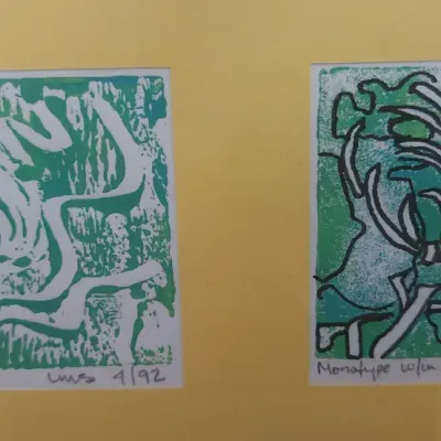 Sale Photo Thumbnail #321: Pair of framed original abstract monotype prints in green tones, pencil-signed LMS and dated April 1992.