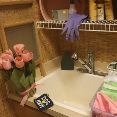 Sale Photo Thumbnail #251: Vintage Atlantic No. 510 glass washboard displayed on a utility sink counter alongside artificial pink tulips and cleaning supplies.