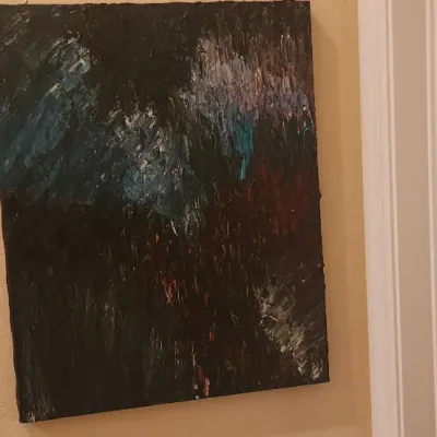 Sale Photo Thumbnail #141: Framed dark abstract expressionist oil painting on canvas featuring heavy impasto texture in shades of black, deep blue, white, and subtle hints of red.