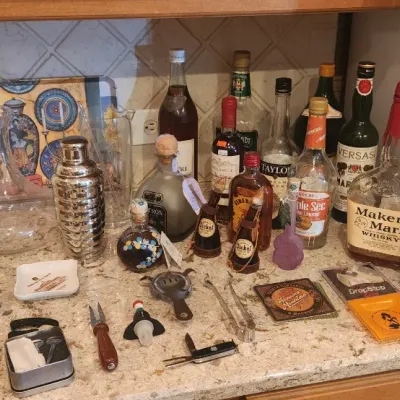 Sale Photo Thumbnail #226: Collection of assorted barware and liquor bottles, including a glass decanter, stainless steel cocktail shaker, Gordon's Dry Gin, Maker's Mark, and various cocktail accessories.