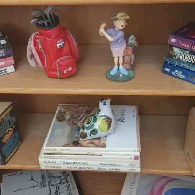 Sale Photo Thumbnail #311: Light oak bookcase filled with various paperback fiction novels, art books, and novelty golf-themed figurines.