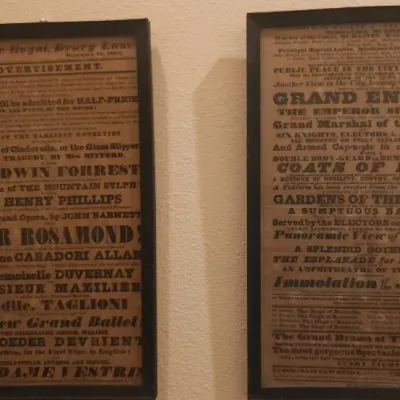 Sale Photo Thumbnail #138: Pair of framed vintage Theatre Royal, Drury Lane broadside playbills, displayed side-by-side in matching dark wood frames.