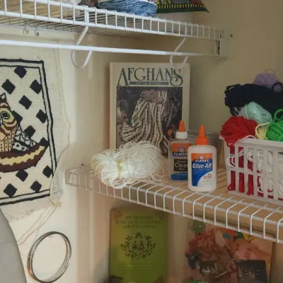 Sale Photo Thumbnail #192: Craft closet containing a vintage owl tapestry wall hanging, pattern books, yarn, and crafting supplies.