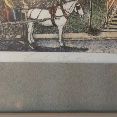 Sale Photo Thumbnail #32: Pencil-signed and titled framed artwork depicting a horse-drawn carriage in front of a building with outdoor stairs.